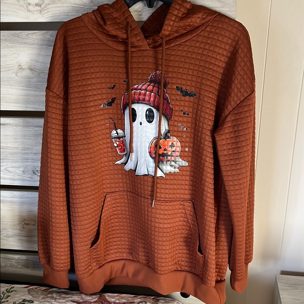 Orange Ghost Graphic Hoodie. NWOT. Med